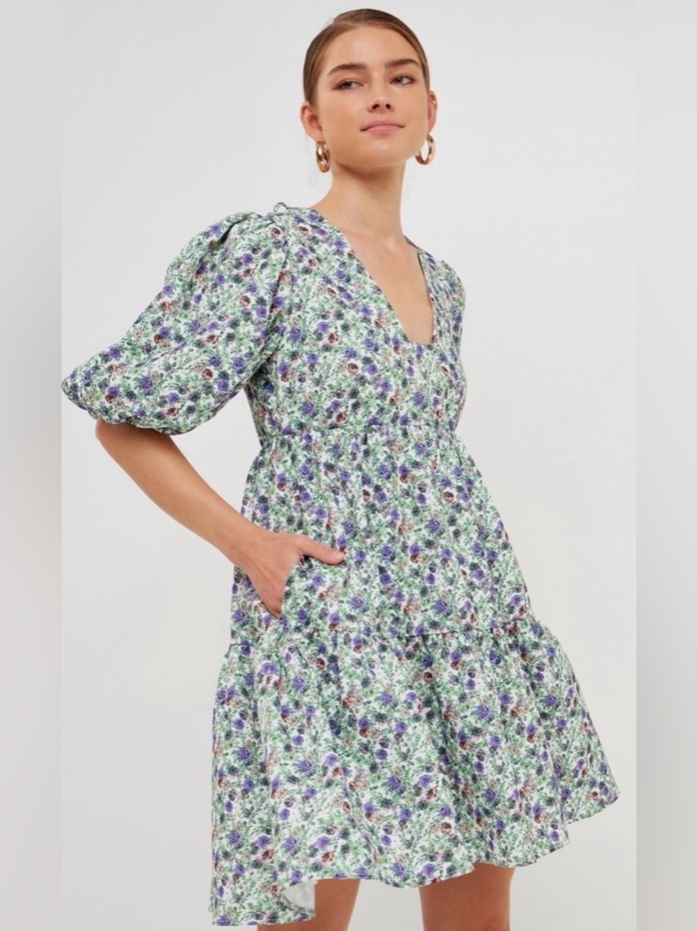 English Factory Jacquard Green Floral V-Neck Puff Sleeve Mini Dress